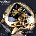 Top Brand Luxury Winner Steampunk Fashion Triangle Golden Skeleton Movement Mysterious Men Automatic Mechanical Wrist Watch